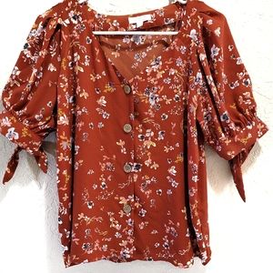 LC Lauren Conrad Orange and Pink Floral Pleated Shoulder Blouse